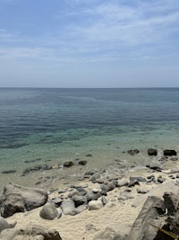 a beach with rocks and water in the background